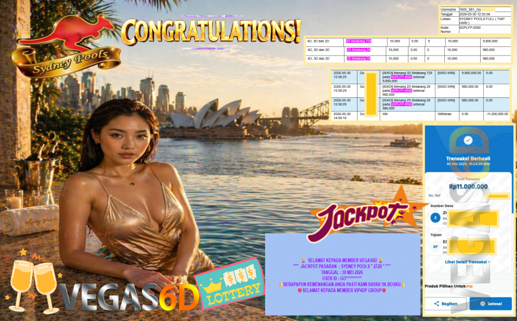 VEGAS6D JACKPOT PASARAN ”SYDNEY POOLS “2728” ” Rp11.000.000,- LUNAS