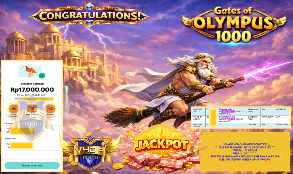 VICTORY4DP JACKPOT PRAGMATIC ”GATES OF OLYMPUS 1000” Rp17.000.000,- LUNAS