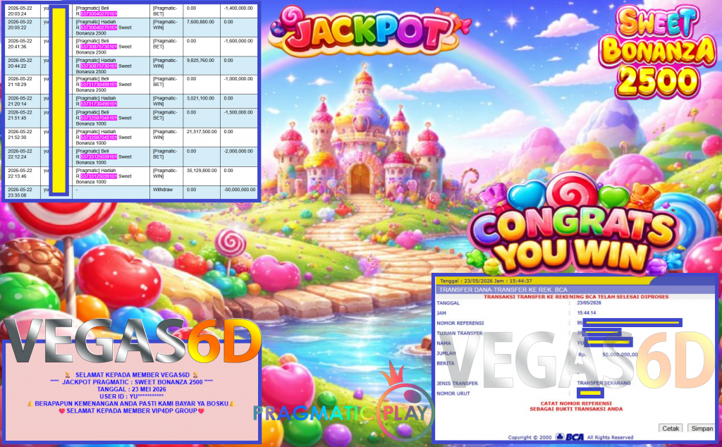 VEGAS6D JACKPOT PRAGMATIC ” SWEET BONANZA 2500 ” Rp 50.000.000,- LUNAS