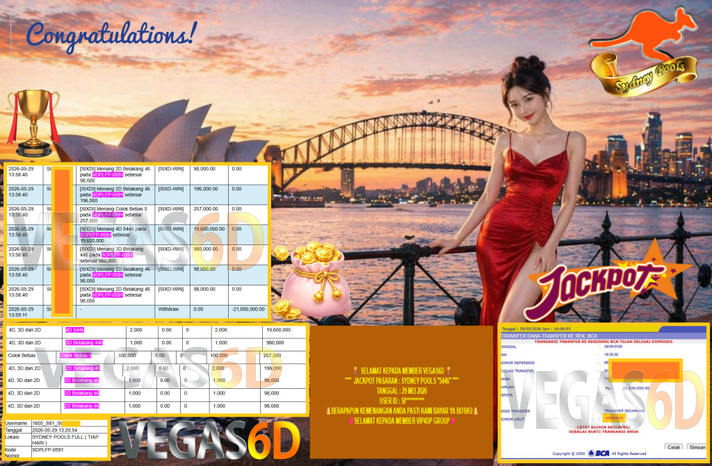 VEGAS6D JACKPOT PASARAN ” SYDNEY POOLS 5446 ” Rp21.000.000,- LUNAS