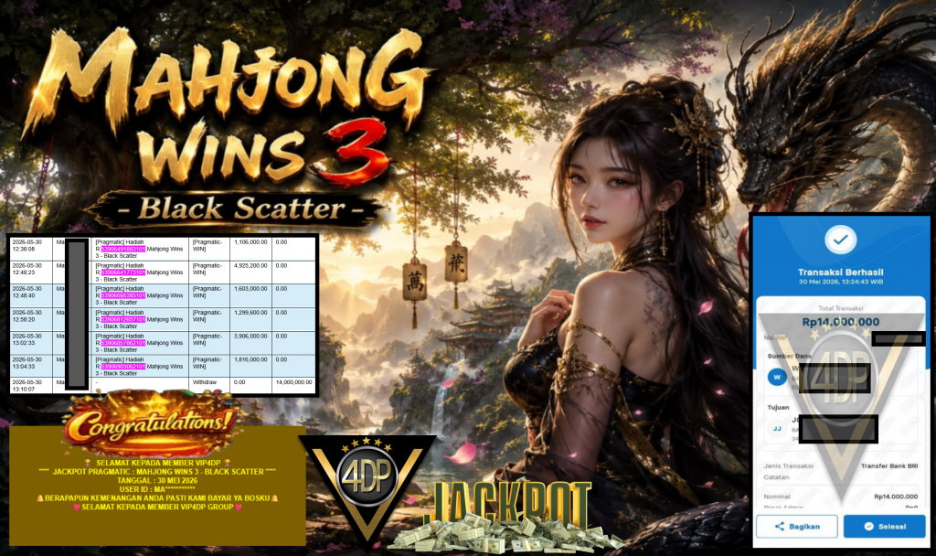 VIP4DP JACKPOT PRAGMATIC ”MAHJONG WINS 3 – BLACK SCATTER” Rp14.000.000,- LUNAS