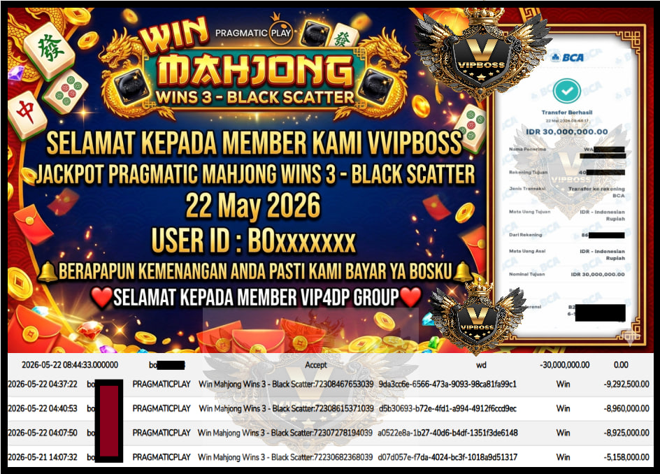 VVIPBOSS JACKPOT PRAGMATIC MAHJONG WINS 3 – BLACK SCATTER Rp 30.000.000,- LUNAS