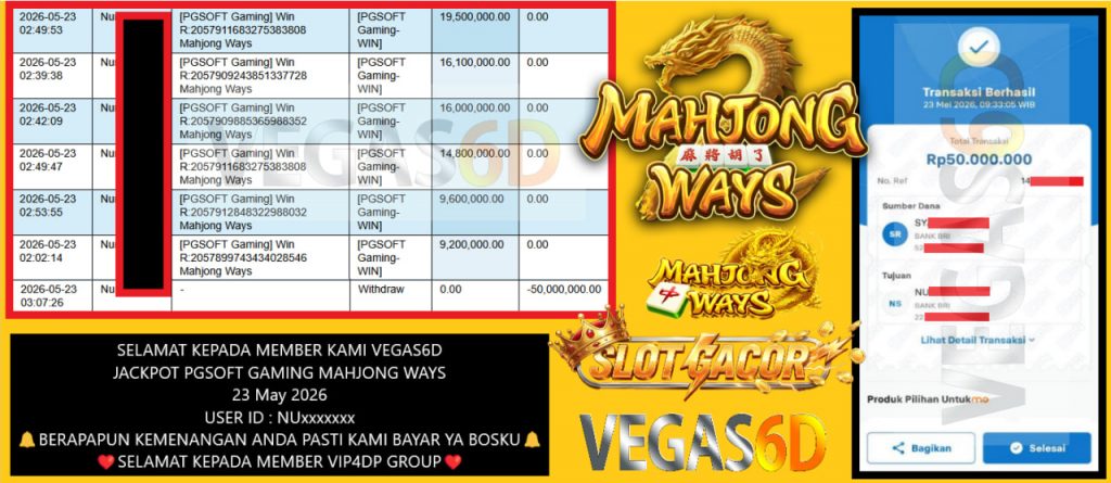VEGAS6D JACKPOT PGSOFT GAMING MAHJONG WAYS Rp 50.000.000,- LUNAS