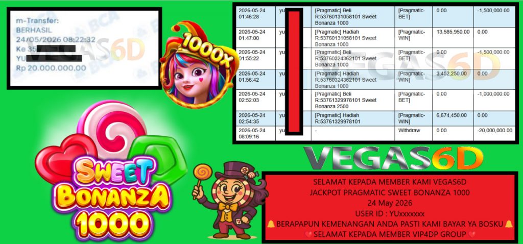 VEGAS6D JACKPOT PRAGMATIC SWEET BONANZA 1000 Rp 20.000.000,- LUNAS