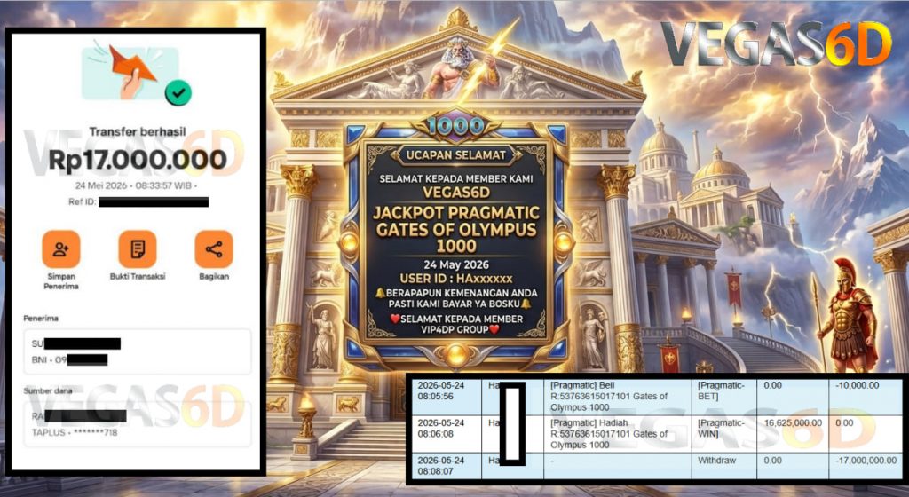 VEGAS6D JACKPOT PRAGMATIC GATES OF OLYMPUS 1000 Rp 17.000.000,- LUNAS