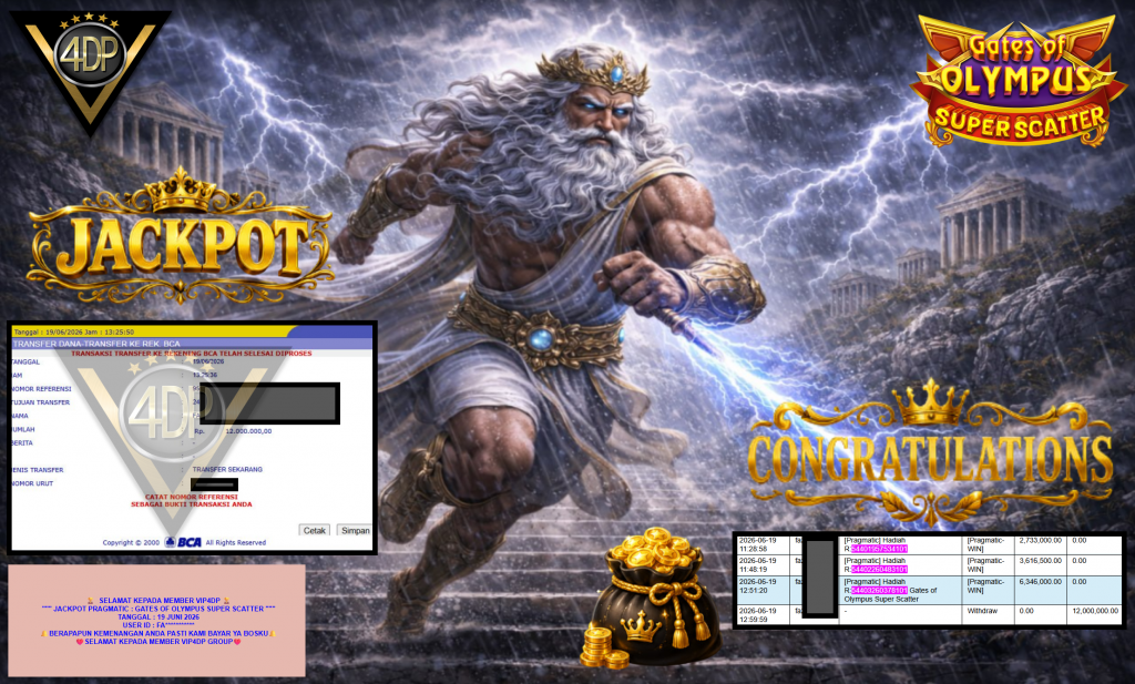 VIP4DP JACKPOT PRAGMATIC ” GATES OF OLYMPUS SUPER SCATTER ” Rp12.000.000,- LUNAS