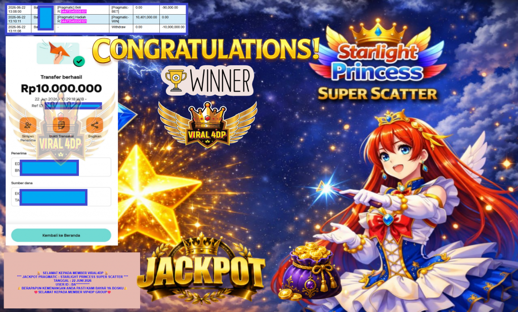 VIRAL4DP JACKPOT PRAGMATIC ” STARLIGHT PRINCESS SUPER SCATTER ” Rp10.000.000,- LUNAS