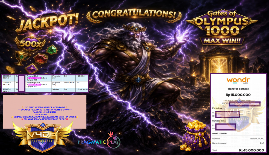 VICTORY4DP JACKPOT PRAGMATIC ” GATES OF OLYMPUS 1000 ” Rp15.000.000,- LUNAS