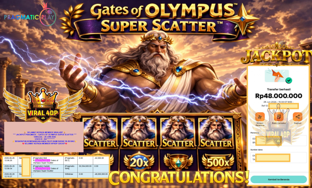 VIRAL4DPJACKPOT PRAGMATIC β GATES OF OLYMPUS SUPER SCATTER β Rp48.000.000,- LUNAS