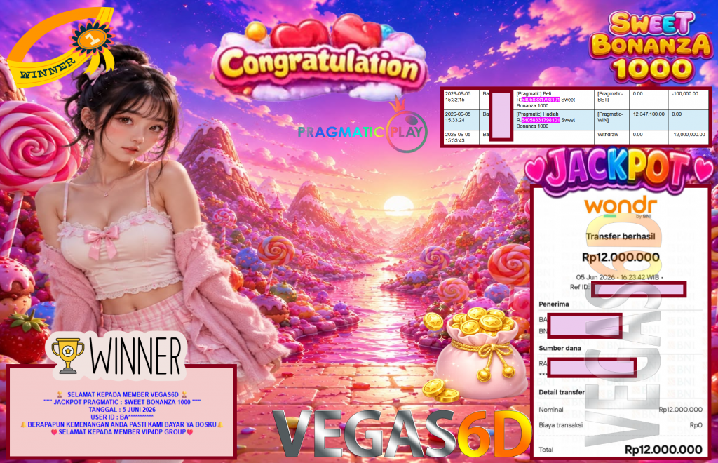 VEGAS6D JACKPOT PRAGMATIC ” SWEET BONANZA 1000 ” Rp12.000.000,- LUNAS