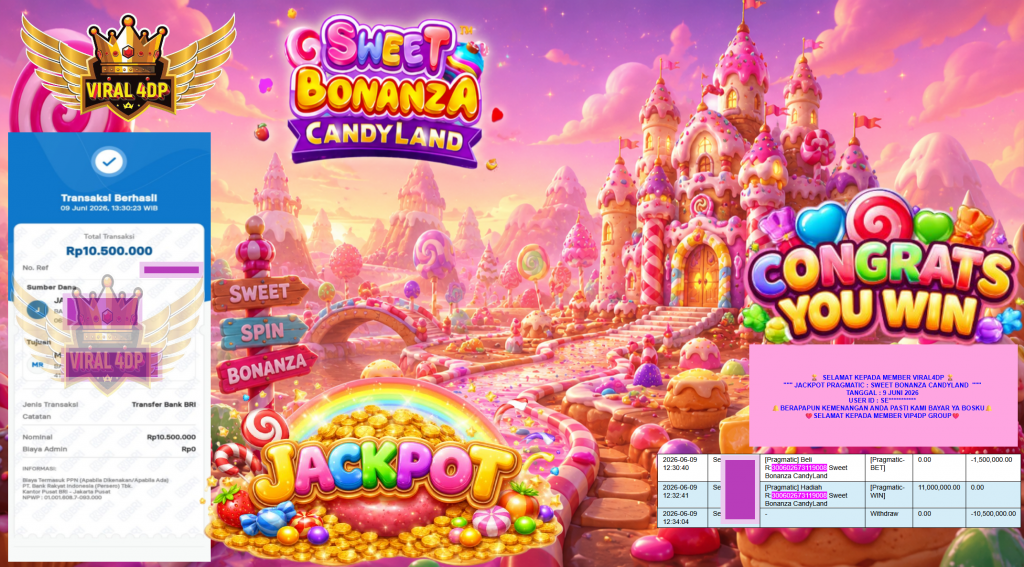 VIRAL4DP JACKPOT PRAGMATIC ” SWEET BONANZA CANDYLAND ” R10.500.000,- LUNAS
