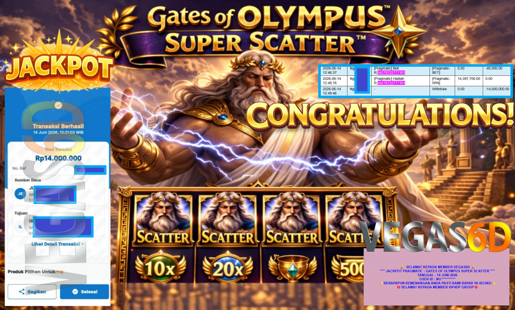 VEGAS6D JACKPOT PRAGMATIC ” GATES OF OLYMPUS SUPER SCATTER ” R14.000.000,- LUNAS