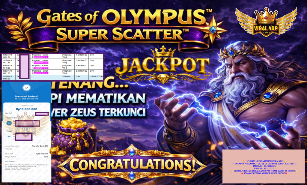 VIRAL4DP JACKPOT PRAGMATIC ” GATES OF OLYMPUS SUPER SCATTER ” Rp13.000.000,- LUNAS