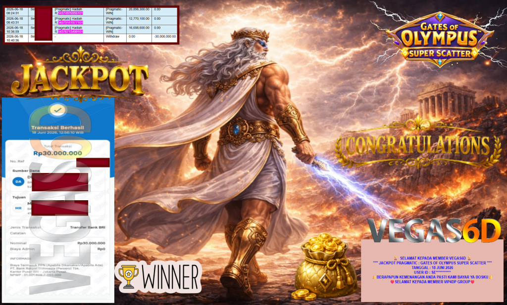 VEGAS6D JACKPOT PRAGMATIC ” GATES OF OLYMPUS SUPER SCATTER ” Rp30.000.000,- LUNAS