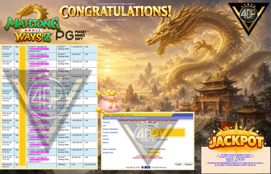 VIP4DP JACKPOT PGSOFT ” MAHJONG WAYS 2 ” Rp20.000.000,- LUNAS