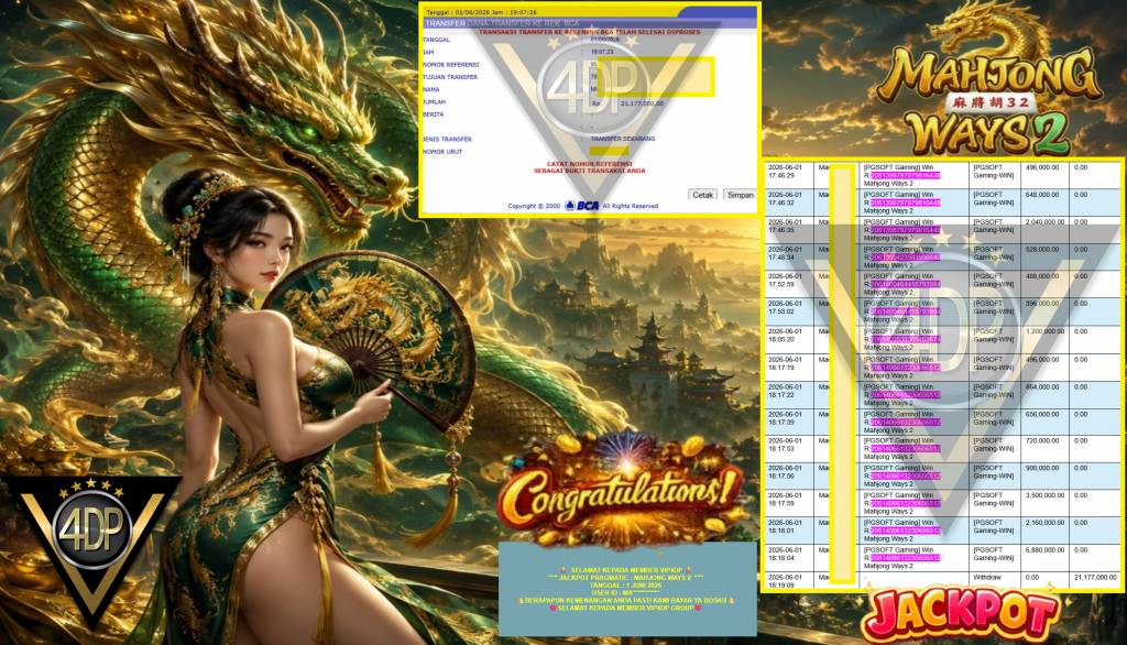 VIP4DP JACKPOT PGSFOT ” MAHJONG WAYS 2 ” Rp21.177.000,- LUNAS