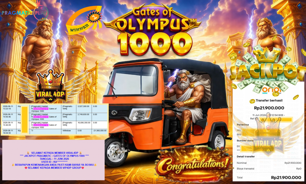 VIRAL4DP JACKPOT PRAGMATIC ” GATES OF OLYMPUS 1000 ” R21.900.000,- LUNAS