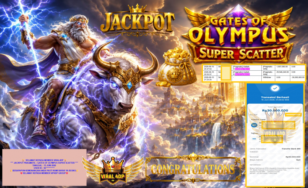 VIRAL4DP JACKPOT PRAGMATIC ” GATES OF OLYMPUS SUPER SCATTER ” R30.000.000,- LUNAS