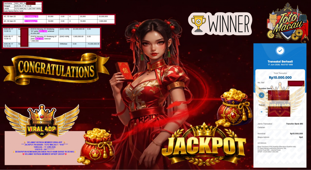 VIRAL4DP JACKPOT PASARAN ” TOTO MACAU 1 *4187* ” Rp10.000.000,- LUNAS