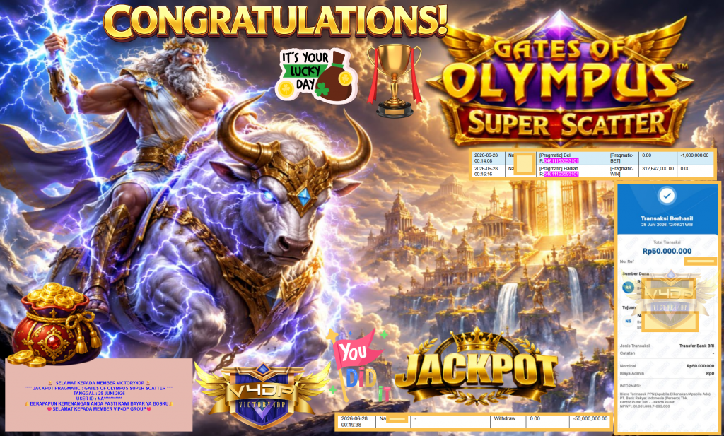 VICTORY4DP JACKPOT PRAGMATIC ” GATES OF OLYMPUS SUPER SCATTER ” Rp250.000.000,- LUNAS