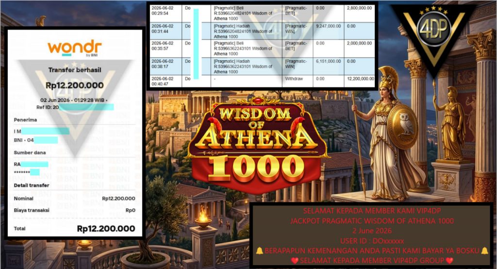 VIP4DP JACKPOT PRAGMATIC ” WISDOM OF ATHENA 1000 ” Rp12.200.000,- LUNAS