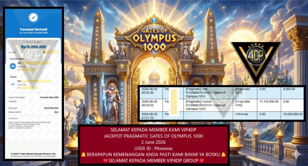 VIP4DP JACKPOT PRAGMATIC ” GATES OF OLYMPUS 1000 ” Rp10.000.000,- LUNAS