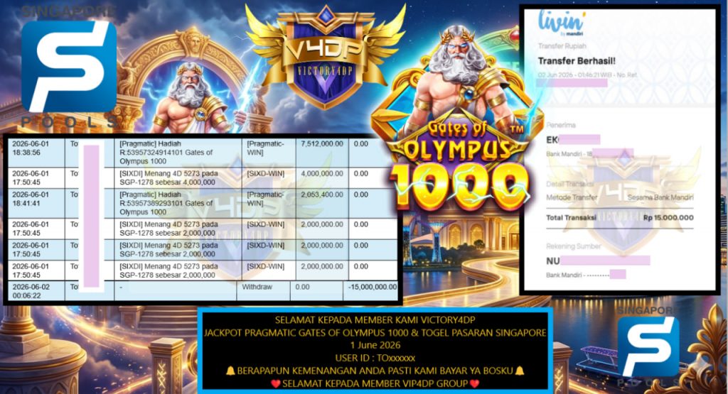 VICTORY4DP JACKPOT PRAGMATIC ” GATES OF OLYMPUS 1000 & TOGEL PASARAN SINGAPORE ” Rp15.000.000,- LUNAS