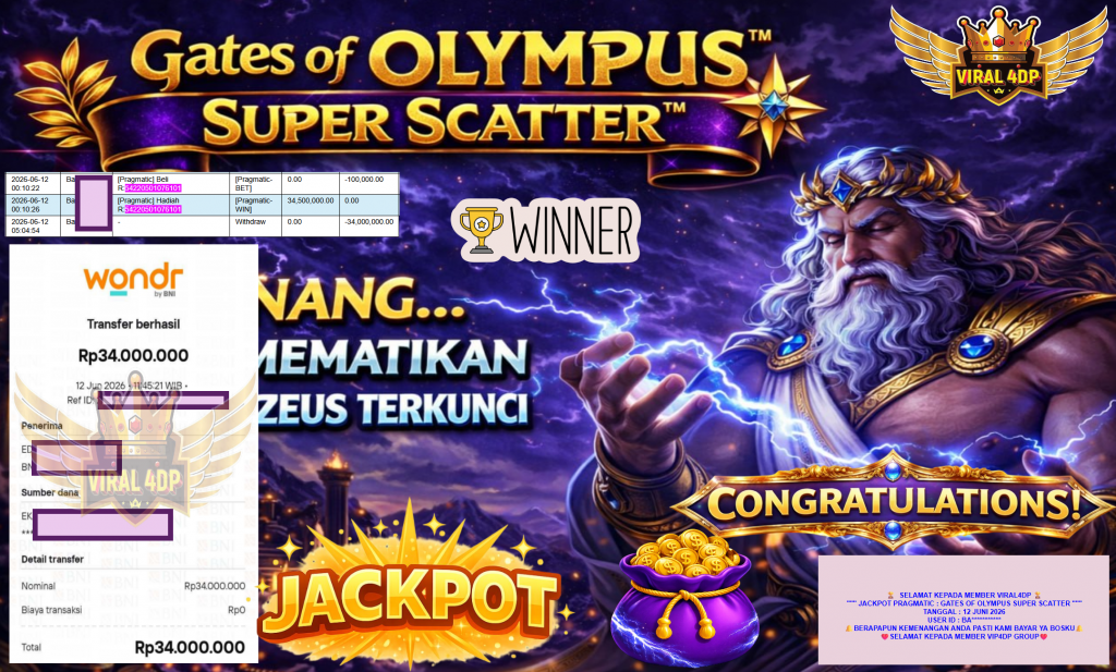 VIRAL4DP JACKPOT PRAGMATIC ” GATES OF OLYMPUS SUPER SCATTER ” R34.000.000,- LUNAS