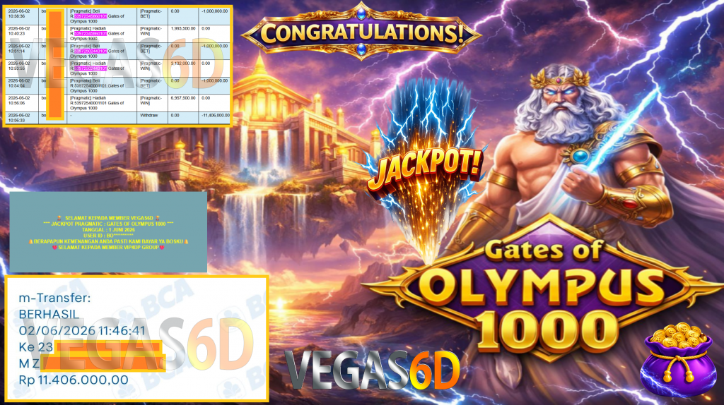 VEGAS6D JACKPOT PRAGMATIC ” GATES OF OLYMPUS 1000 ” Rp11.406.000,- LUNAS