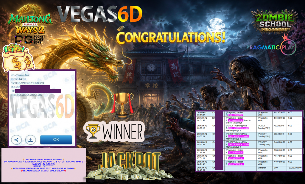 VEGAS6D JACKPOT PRAGMATIC ” ZOMBIE SCHOOL MEGAWAYS 2 ”& PGSOFT ” MAHJONG WAYS 2″ R30.000.000,- LUNAS