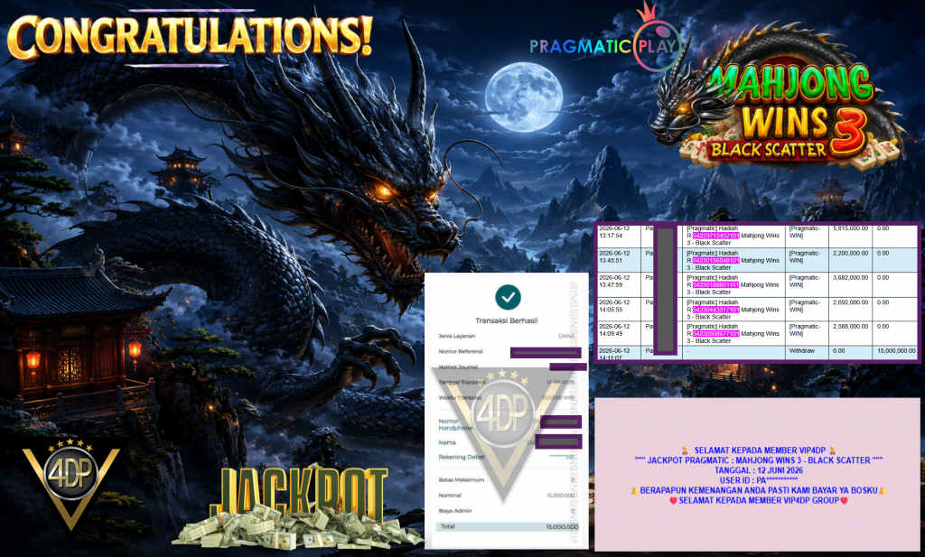 VIP4DP JACKPOT PRAGMATIC ” MAHJONG WINS 3 – BLACK SCATTER ″ R15.000.000,- LUNAS