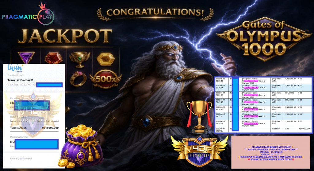 VICTORY4DP JACKPOT PRAGMATIC ” GATES OF OLYMPUS 1000 ” Rp13.000.000,- LUNAS