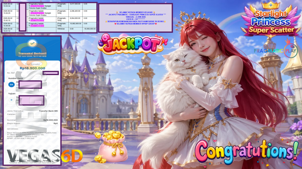 VEGAS6D JACKPOT PRAGMATIC ” STARLIGHT PRINCESS SUPER SCATER ” Rp18.900.000,- LUNAS