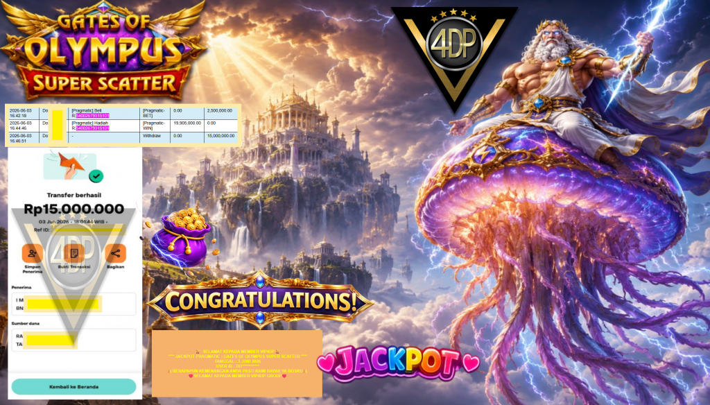 VIP4DP JACKPOT PRAGMATIC ” GATES OF OLYMPUS SUPER SCATTER ” Rp15.000.000,- LUNAS