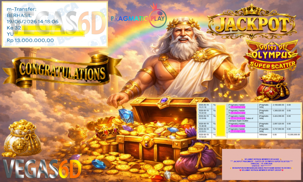 VEGAS6D JACKPOT PRAGMATIC ” GATES OF OLYMPUS SUPER SCATTER ” Rp13.000.000,- LUNAS