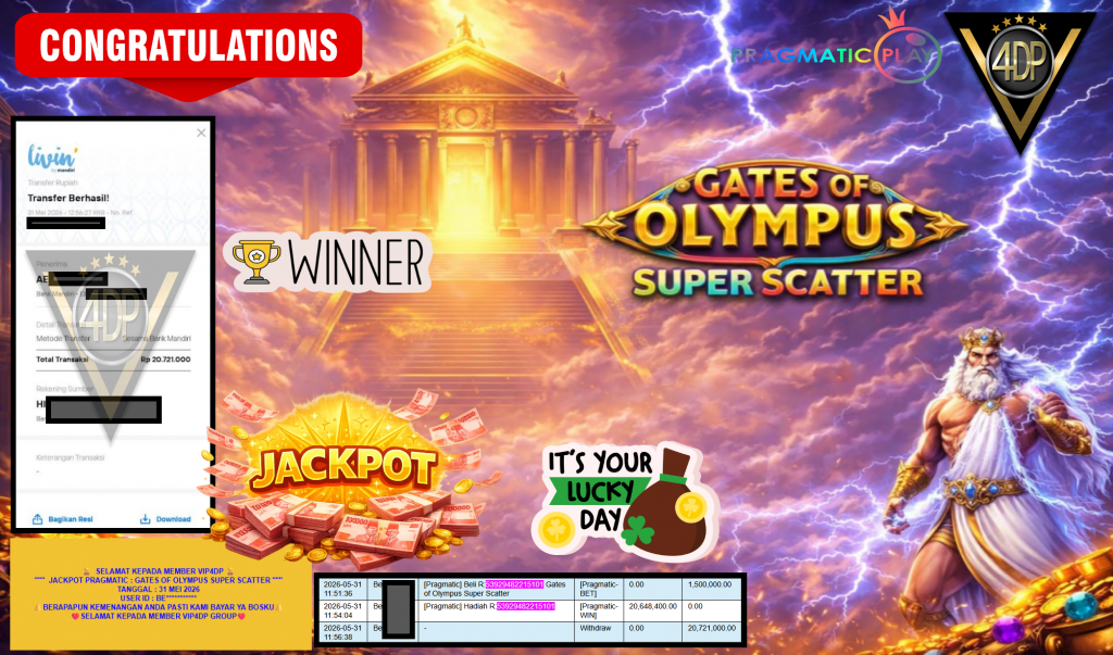 VIP4DP JACKPOT PRAGMATIC GATES OF OLYMPUS SUPER SCATTER Rp 20.721.000,- LUNAS