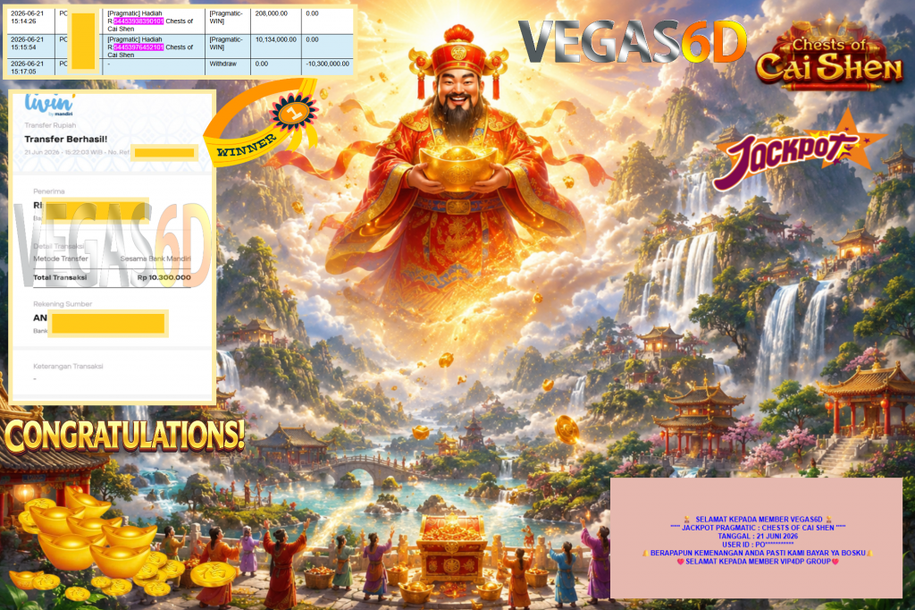 VEGAS6D JACKPOT PRAGMATIC ” CHESTS OF CAI SHEN ” Rp10.300.000,- LUNAS
