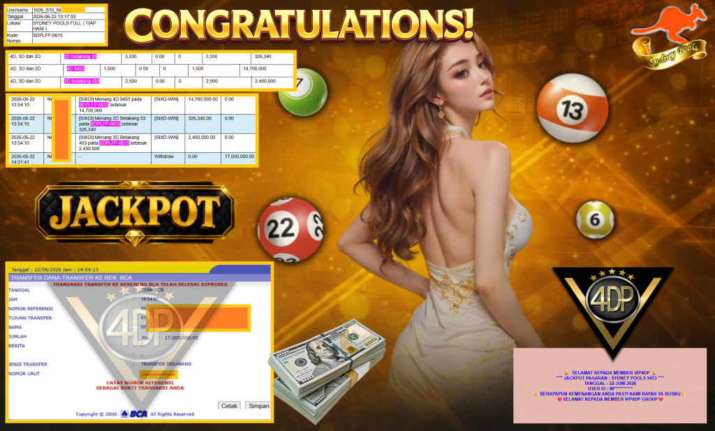 VIP4DP JACKPOT PASARAN ” SYDNEY POOLS 9453 ” Rp17.000.000,- LUNAS