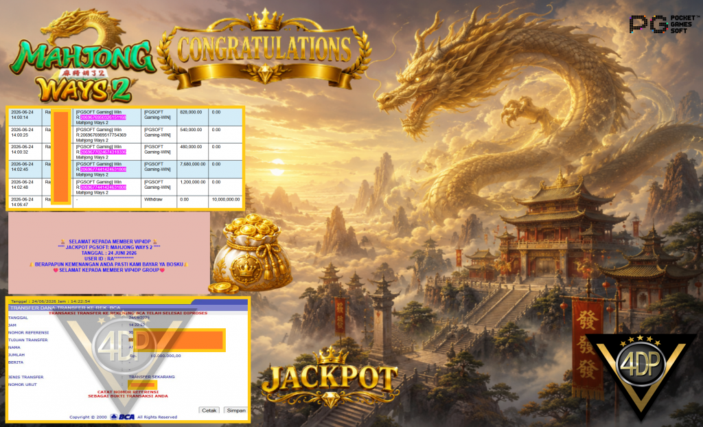 VIP4DP JACKPOT PGSOFT ” MAHJONG WAYS 2 ” Rp10.000.000,- LUNAS