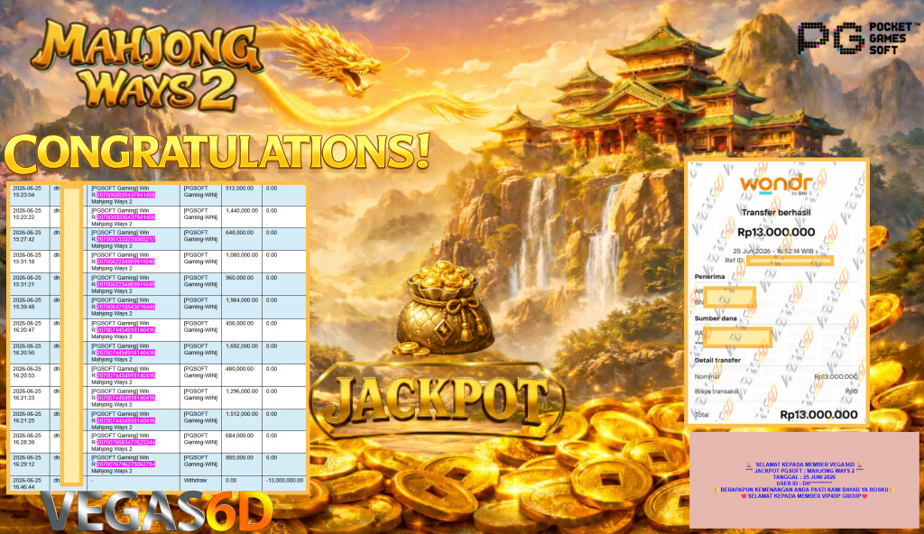 VEGAS6D JACKPOT PGSOFT ” MAHJONG WAYS 2 ” Rp13.000.000,- LUNAS