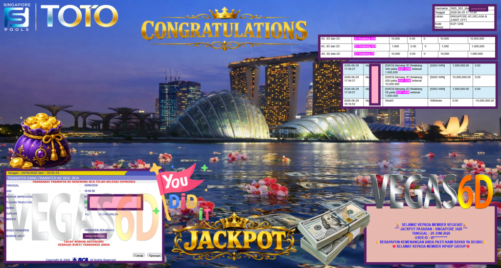 VEGAS6D JACKPOT PASARAN ” SINGAPORE 3428 ” Rp10.000.000,- LUNAS