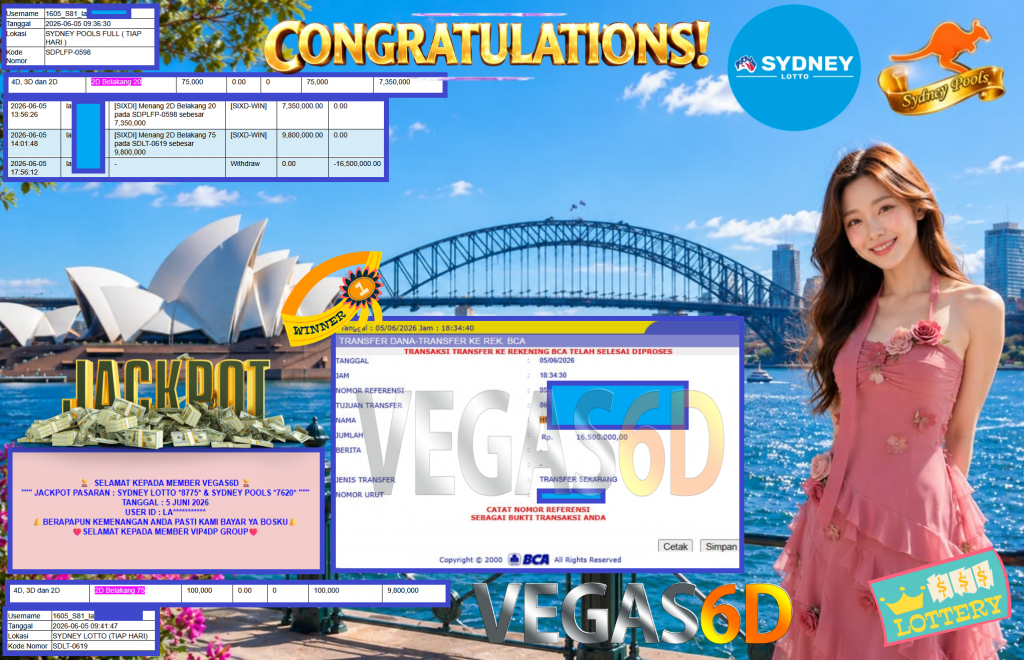 VEGAS6D JACKPOT PASARAN ” SYDNEY LOTTO 8775 & SYDNEY POOLS 7620 ” Rp16.500.000,- LUNAS