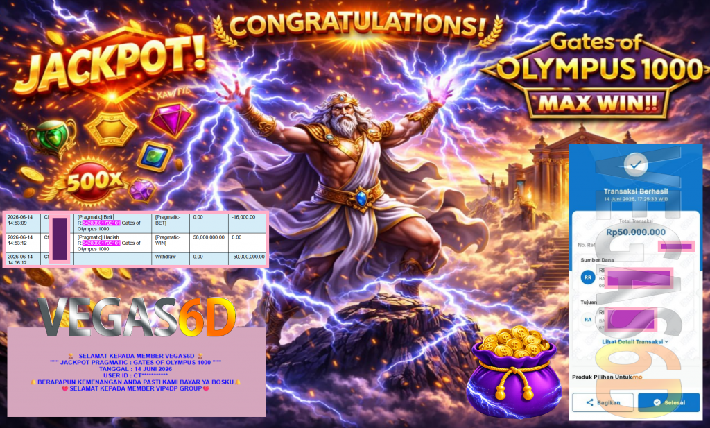 VEGAS6D JACKPOT PRAGMATIC ” GATES OF OLYMPUS 1000 ” R50.000.000,- LUNAS