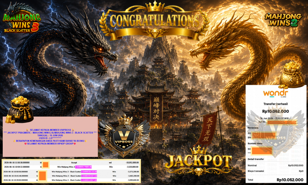 VVIPBOSS JACKPOT PRAGMATIC ” MAHJONG WINS 2 & MAHJONG WINS 3 – BLACK SCATTER ” Rp10.052.000,- LUNAS