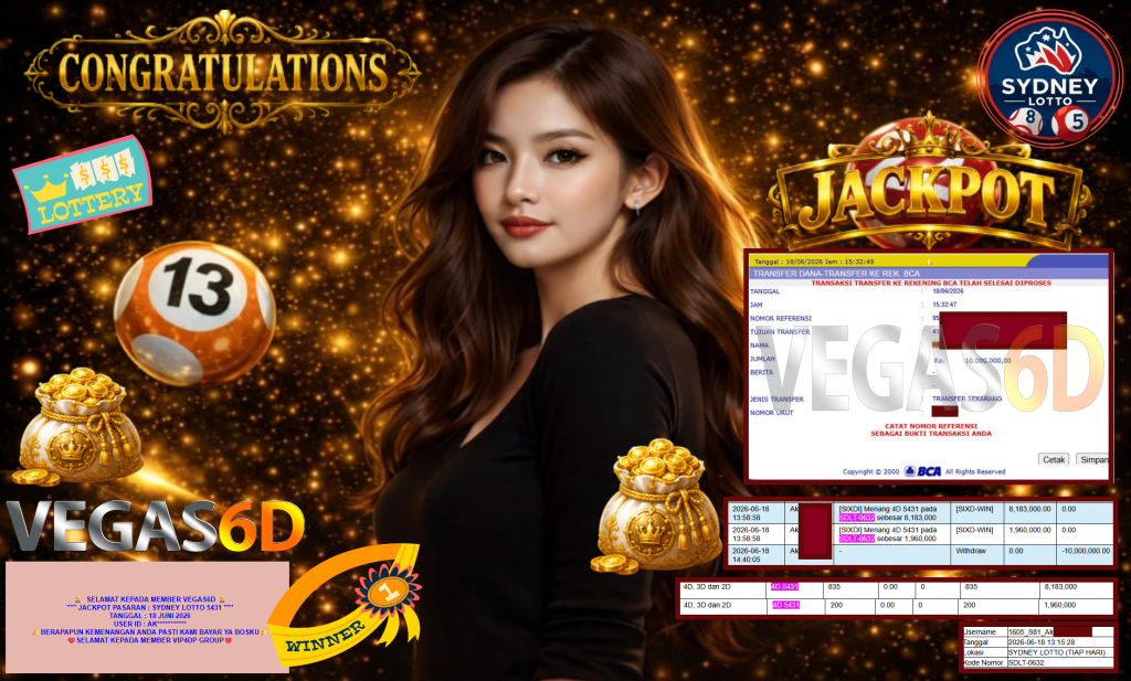 VEGAS6D JACKPOT PASARAN ” SYDNEY LOTTO 5431 ” Rp10.000.000,- LUNAS