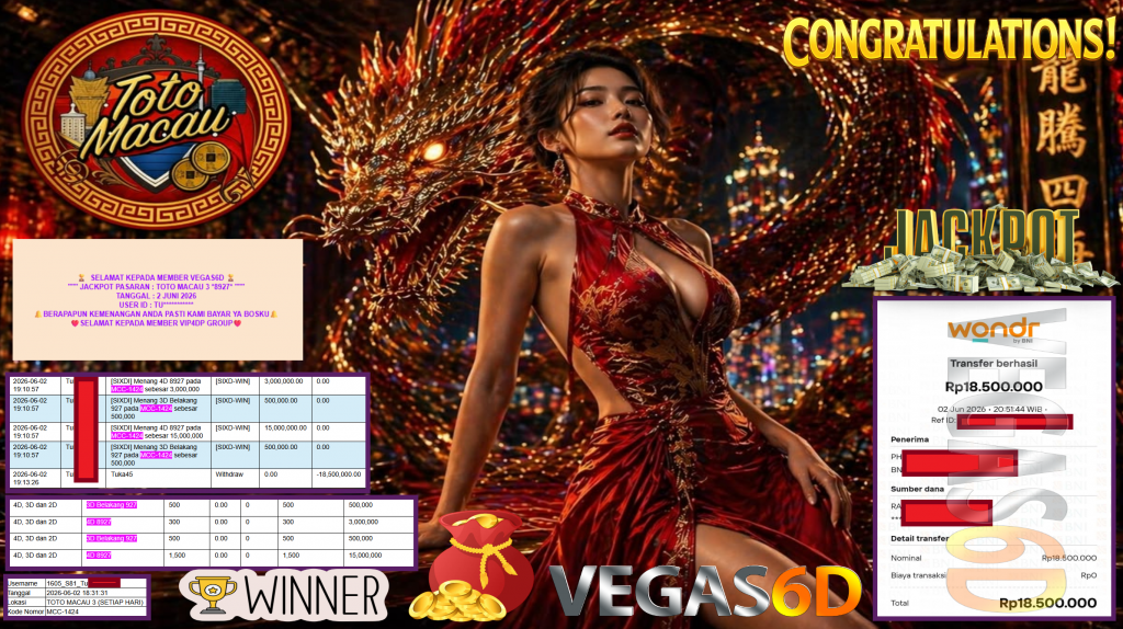 VEGAS6D JACKPOT PASARAN ” TOTO MACAU 3 8927 ” Rp18.500.000,- LUNAS
