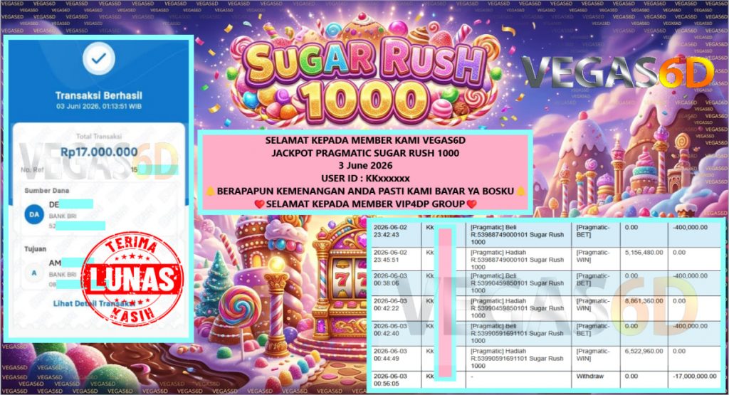 VEGAS6D JACKPOT PRAGMATIC ” SUGAR RUSH 1000 ” Rp17.000.000,- LUNAS
