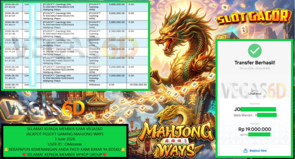 VEGAS6D JACKPOT PGSOFT ” MAHJONG WAYS ” Rp19.000.000,- LUNAS