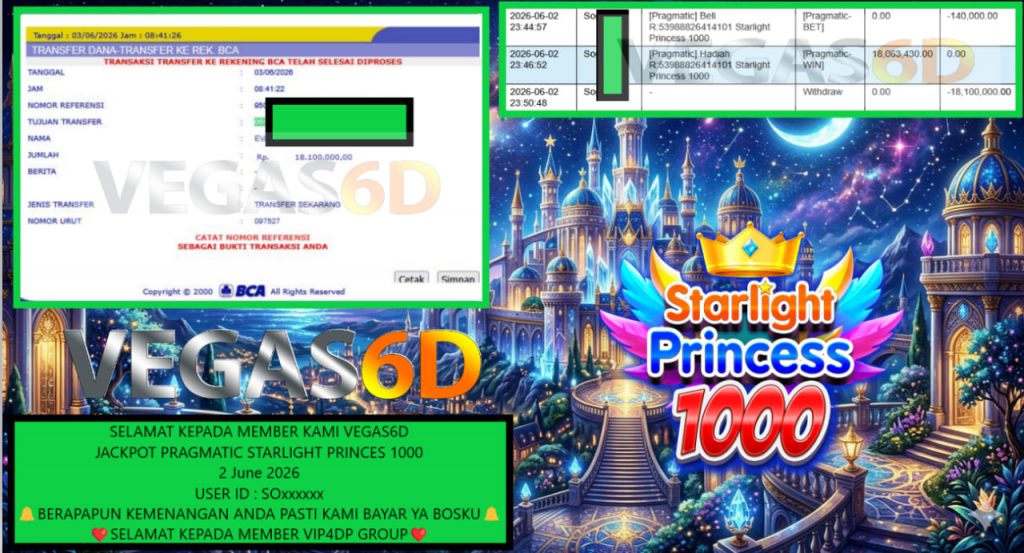 VEGAS6D JACKPOT PRAGMATIC ” STARLIGHT PRINCES 1000 ” Rp18.100.000,- LUNAS
