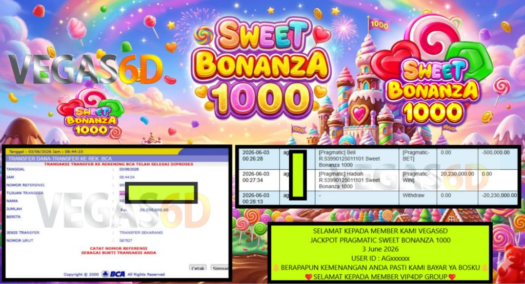 VEGAS6D JACKPOT PRAGMATIC ” SWEET BONANZA 1000 ” Rp20.230.000,- LUNAS